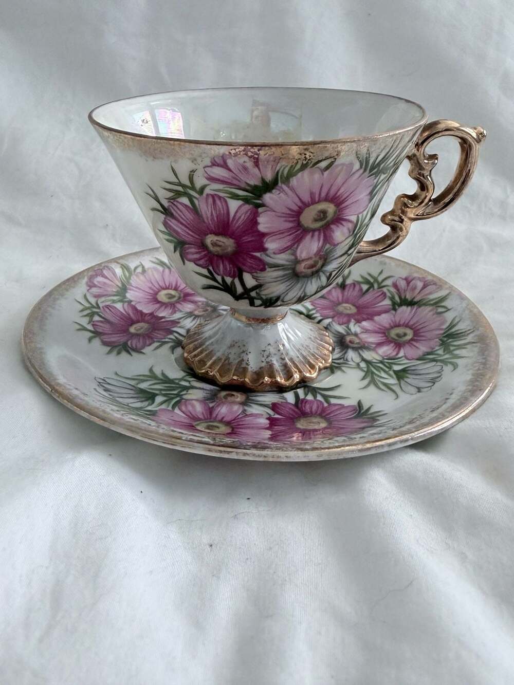 Vintage Lusterware October Cosmos Flower of the Month Pedestal Teacup and Saucer